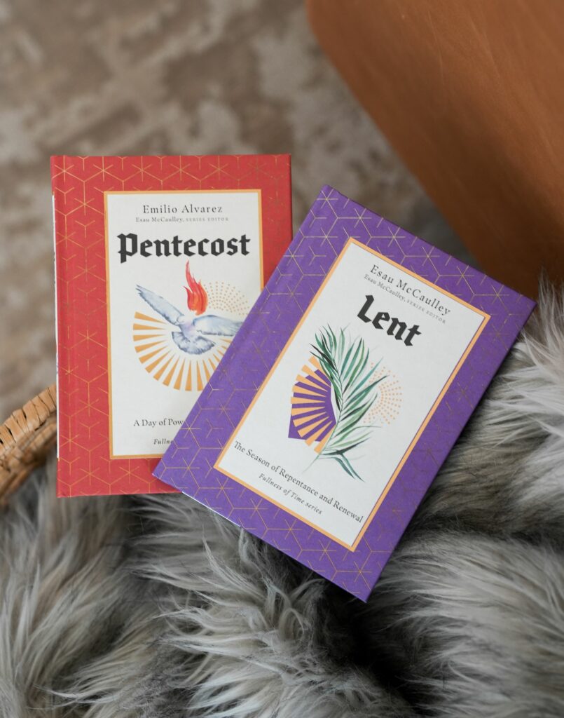 Lent and Pentecost books on a furry blanket